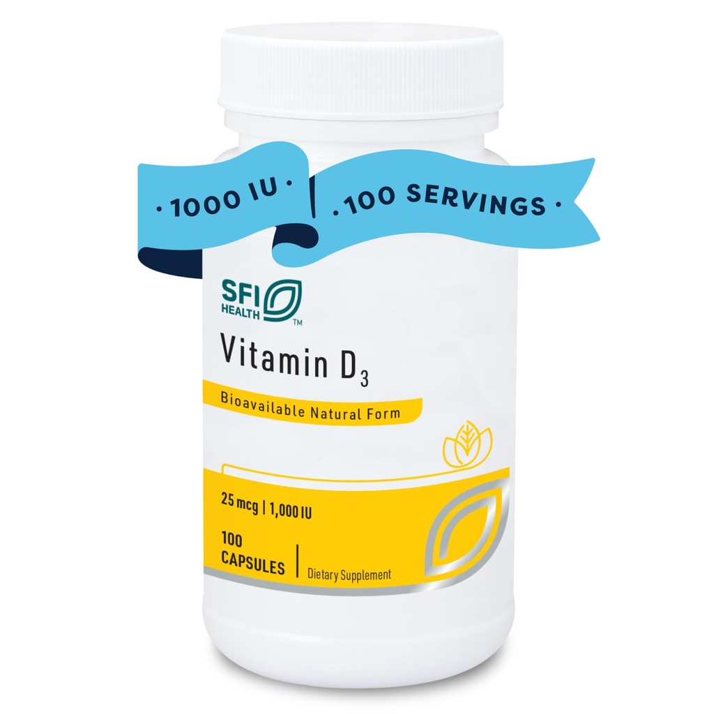 Klaire Labs SFI Health Vitamin D3 1000 IU - High Potency 25 Micrograms, hipoallergenic Bone & Immune Support (100 Capsules)