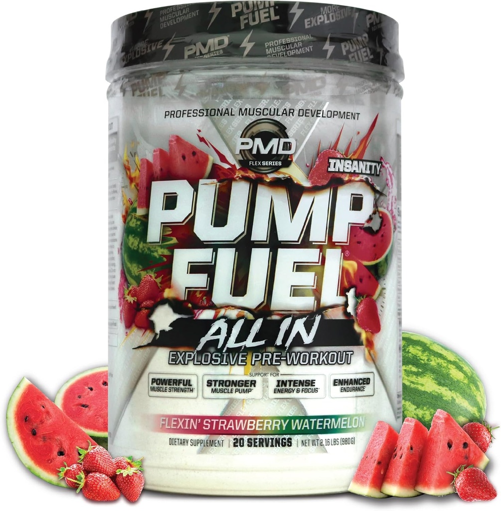 PMD Sports Pump Yakıt All in Insanity, Ultimate Pre Workout & Muscle Pump, Maximum Strength Energy, Focus, Endurance & Recovery, Kretine & Beta Alanine, Flexin' Strawberry Watermelon (20 hizmet)