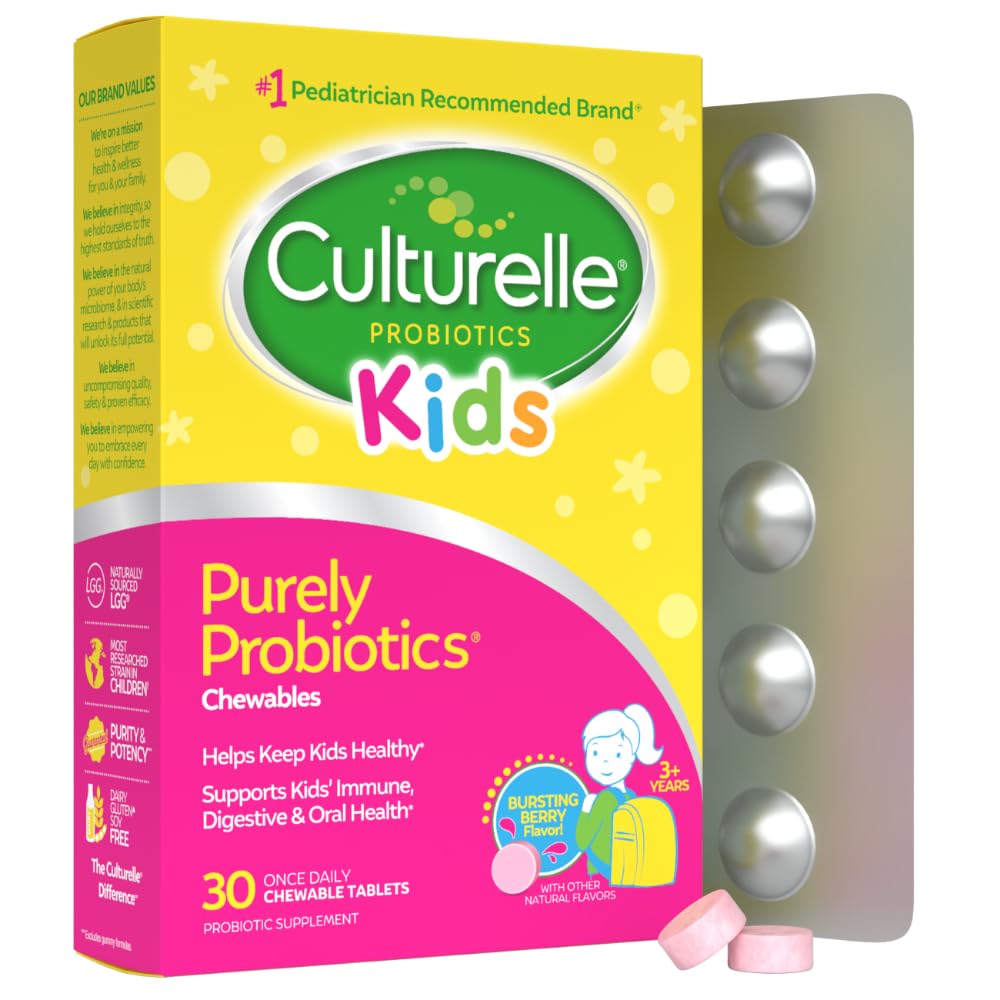 Culturelle Kids Chewable Daily Probiyotik for Kids, Ages 3+, 30 Count, #1 Pediatrik - Tavsiye Edilen Marka, Doğal Berry Digestive Health, Oral Care & Immune Support