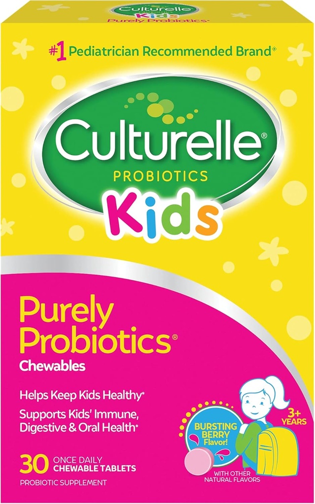 Culturelle Kids Chewable Daily Probiyotik for Kids, Ages 3+, 30 Count, #1 Pediatrik - Tavsiye Edilen Marka, Doğal Berry Digestive Health, Oral Care & Immune Support