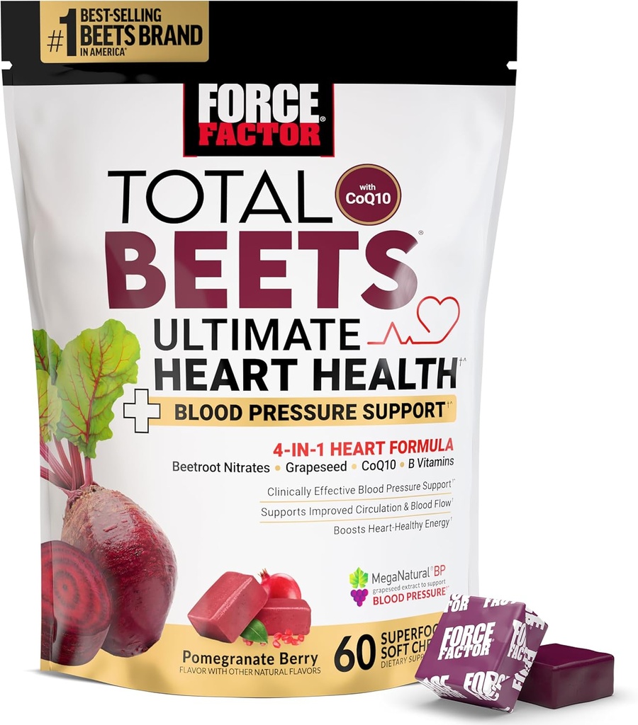 FORCE FACTOR Total Beets Ultimate Heart Health Chews for Blood Pressure Support, with Beetroot Toz, CoQ10, B Vitamins & Grapeseed Türbin for Blood Flow & Energy, Pomegranate Berry, 60 Soft Chews