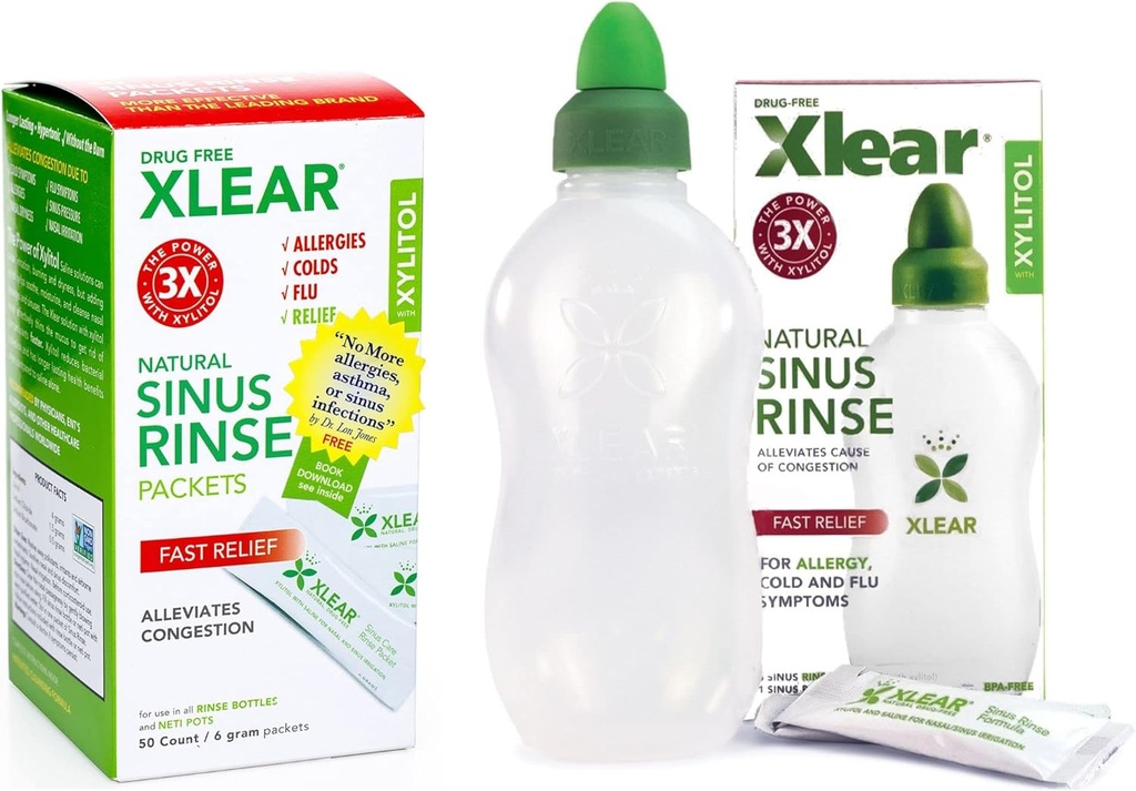 Xlear Natural Xylitol Sinus Rinse Refill, Neti Pot Saline Packets - Hızlı Baskı ve Kısıtlama Yardımı için daha temiz, Çoğu Nasal Irrigation Systems ile çalışır, 50 Kont ve 1 Rinse Şişe