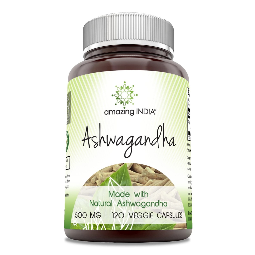 Amazing India Ashwagandha Supplement | 500 Mg Per | 120 Veggie Capsules | Non-GMO | Gluten Free | Made in USA | Ideal for Vegetarians