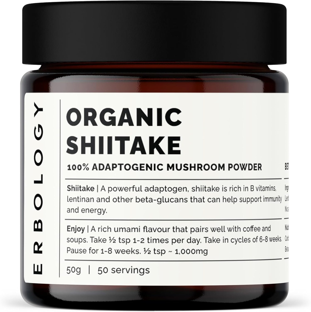 Erboloji Organik Shiitake Mushroom Toz 50 Hizmet - % 11 Beta-glucans - Immunity and Energy - Lentinula edodes - Small Batch - Avrupa'da Sustainable Grown - Vegan - Non-GMO - Nodrew Fillers