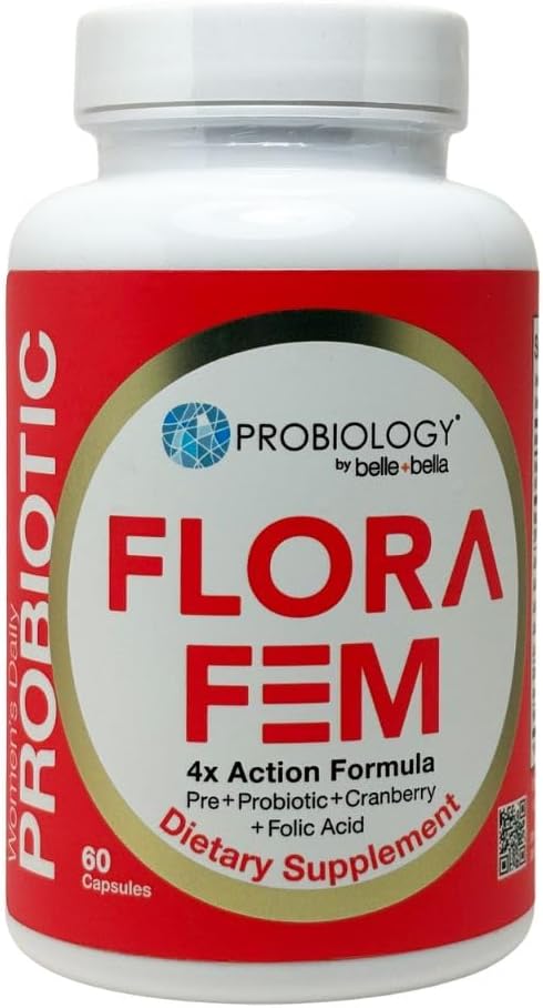 Belle+Bella Probiology Flora Fem - Kadınlar için Günlük Probiyotikler - 4X Action Prebiyotik + Probiyotik + Cranberry + Folic Asit for Digestive, Urinary Tract, Reproductive & Vaginal Health - 60 Caps
