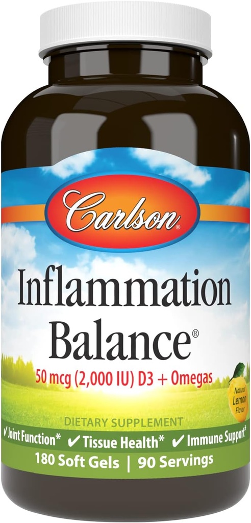 Carlson - Inflammation Balance, Balanced Omega-3 & Omega-6 Oran, D3, Norveç, Wild-Caught Fish Oil Supplement with Fatty Acids, Sustainably Sourced Fish Oil Capsules, 180 Softgels