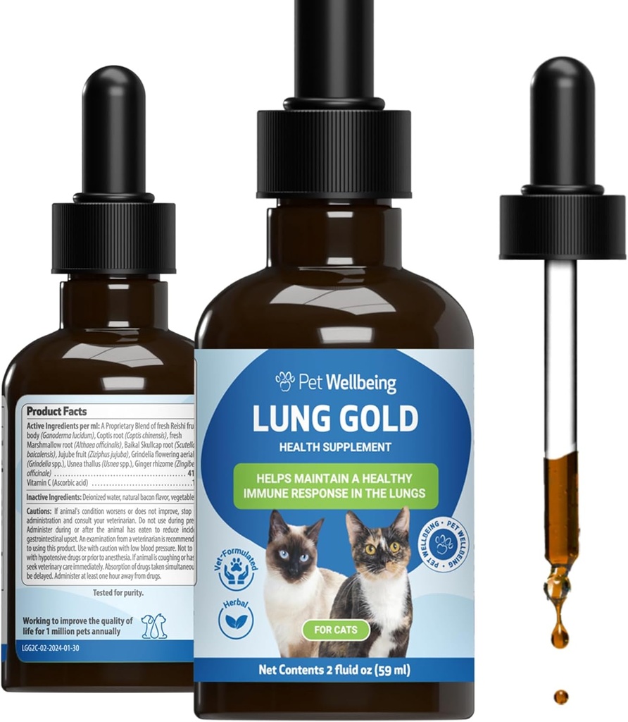 Pet Wellness Lung Gold for Cats - Lung Immune Support, Lower Respiratory Health, Open Airways, Normal Nefes, Reishi, Coptis - Veterinarian-Formated Herbal Supplement - 2 oz (59 ml)