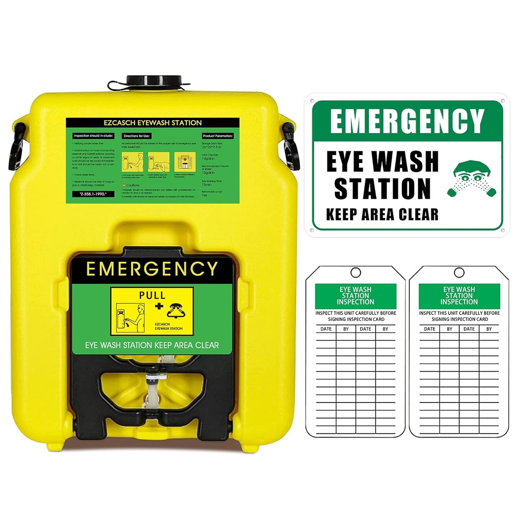Φορητός σταθμός πλύσης ματιών 14-gallon OSHA εγκεκριμένος με μία πινακίδα σταθμού και δύο ετικέτες επιθεώρησης, τοίχος προσαρτημένο Gravity-Flow Indoors and Out, 53L Refillable Eyewash Station Heavy Duty, κίτρινο