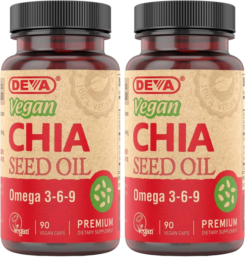 DeVA Vegan Βιταμίνες Τσία Έλαιο Σπέρματος, Συσκευασμένο με Ωμέγα 3, 6, 9 & Άλλα Απαραίτητα Λιπαρά Οξέα, Ψυχρό-Pressed & Unrefined, 90 Κάψουλες, (Pack of 2)
