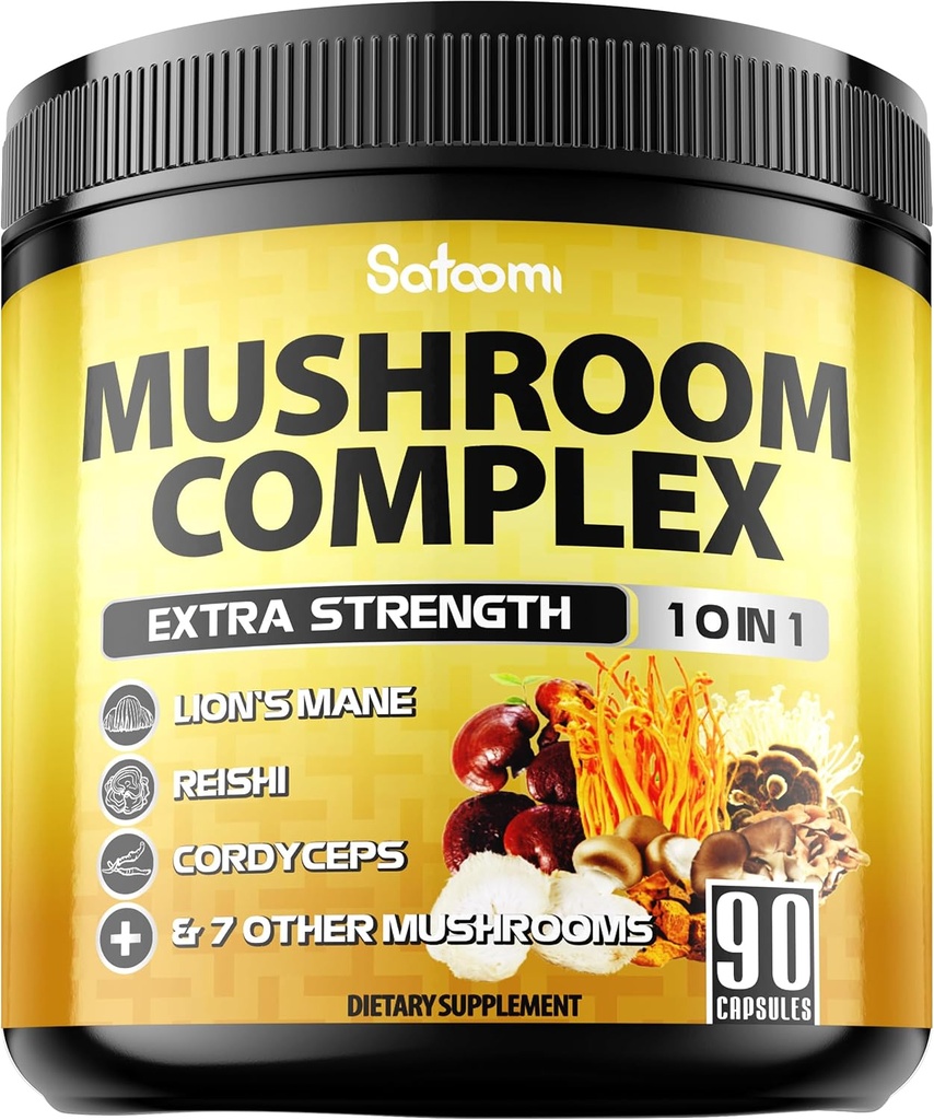Satoomi 10in1 Mushroom Supplement Kompleksi - Lions Mane, Cordyceps, Reishi, Chaga ve 6 Daha Fazla - Memory & Focus için Beyin Tamamları - 90 - Kont 3 Ay Supply