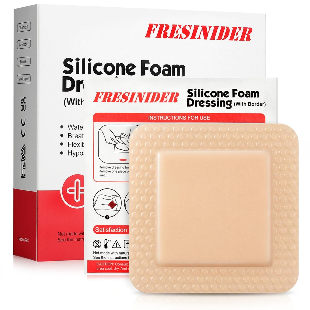 FRESINIDER Silikon Köpük Yapıştırıcı Sınırı ile Giyiyor - Yara Giyiyor - Silikon Köpük Pad - 10 Paket - 4 x 4 Inches Büyük Su Bantları - Self Yapıştırıcı Yara Bakımı ve Elbiseleri