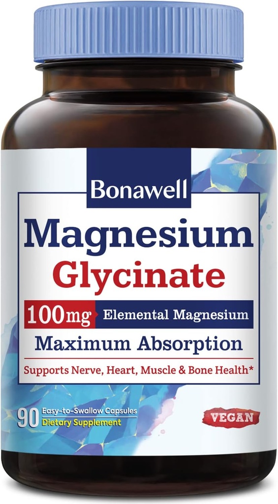 Bonawell Glycinate, Chelated Magnezyum Supplement, maksimum Bioavailability & Abxia, No Gluten, 100 mg Elemental, Nerve, Heart, Muscle Health & Relaxation, 90 Vegan Capsules