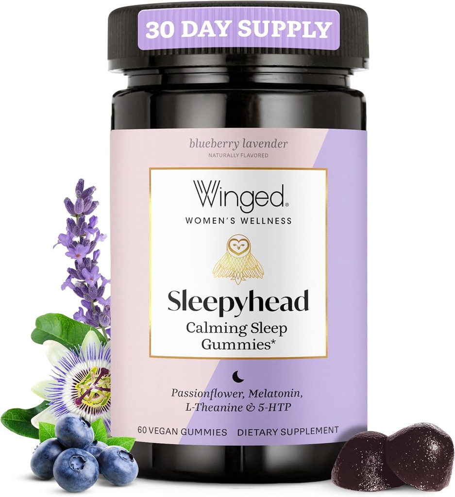 Winged Wellness Sleepyhead Natural Sleep Gummies for Women - Prime Sleep Support Aid for Adults with 3mg Melatonin, L-Theanine, 5-HTP - Λεβάντα βατόμουρο Γεύση - 30 Υπηρεσίες