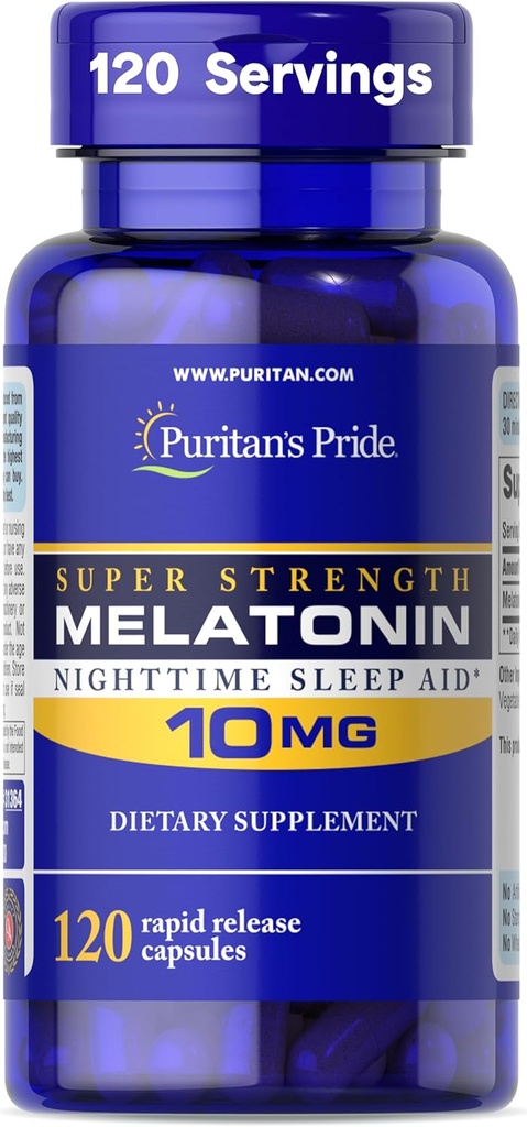 Puritan's Pride Premium Super Strength Melatonin 10 mg Sleep Aid, Dietary Supplement for Sound, Restful, and Longer Sleep Support, 4 Ay Supply, 120 Hızlı Yayın Kapsülleri (Pazar Mayıs Vary)