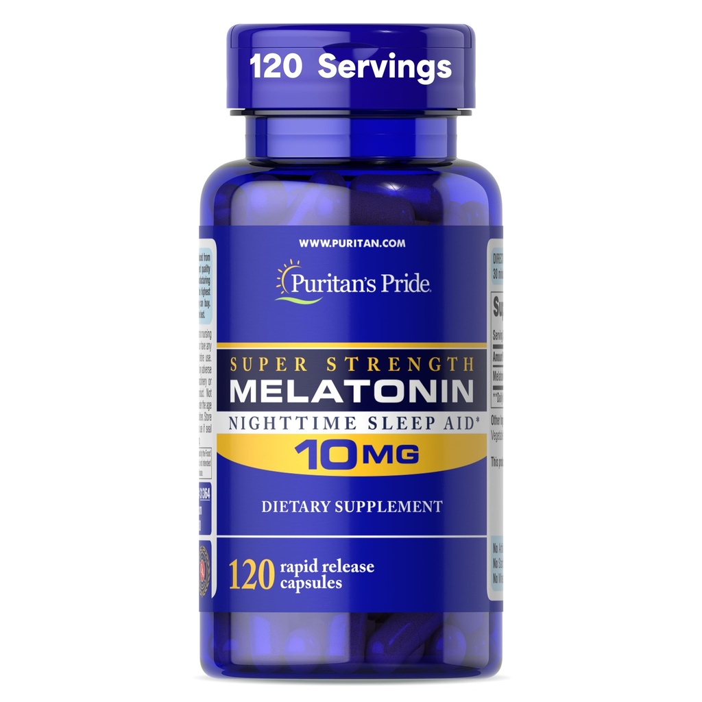 Puritan's Pride Premium Super Strength Melatonin 10mg Sleep Aid, Dietary Supplement for Sound, Restful, and Longer Sleep Support, 4 Month Supply, 120 Rapid Release Capsules (Packaging May Vary)