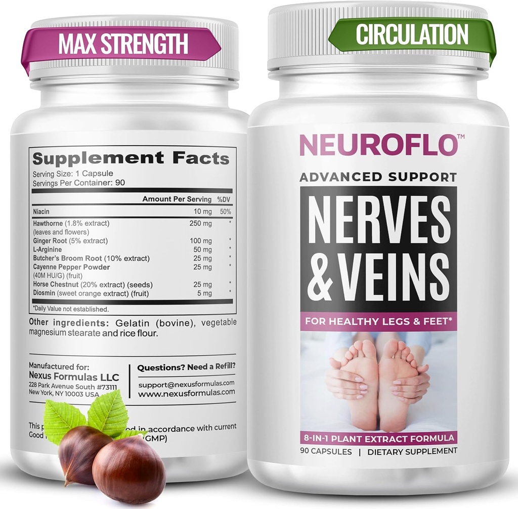 Mizzle Leg Circulation Supplement - Supports Nerves, Veins with 1470 mg, 8 in 1 Capsule of Chestnut, Diosmin, Hawthorn for maximum Relief in Toes, Foot, Ankles, Calves, Legs - Neuroflo