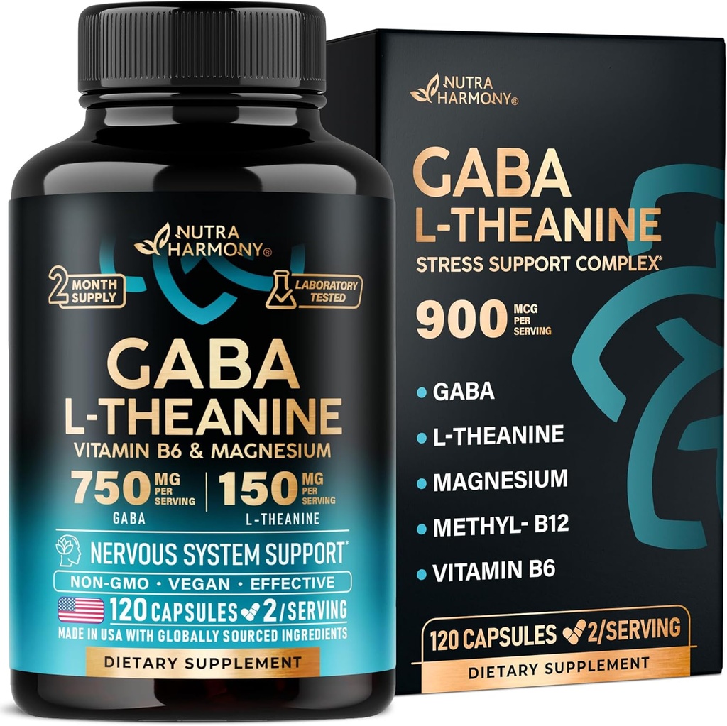 GABA L-Theanine 900 mg - ABD'de Yapılan - Magnezyum | Vitamin B6 - Calm, Sleep, Relaxation & Mood Support - 750 mg GammaButyric Acid, 150 L-Theanine - Non-Habit Form, Vegan - 120 Capsules