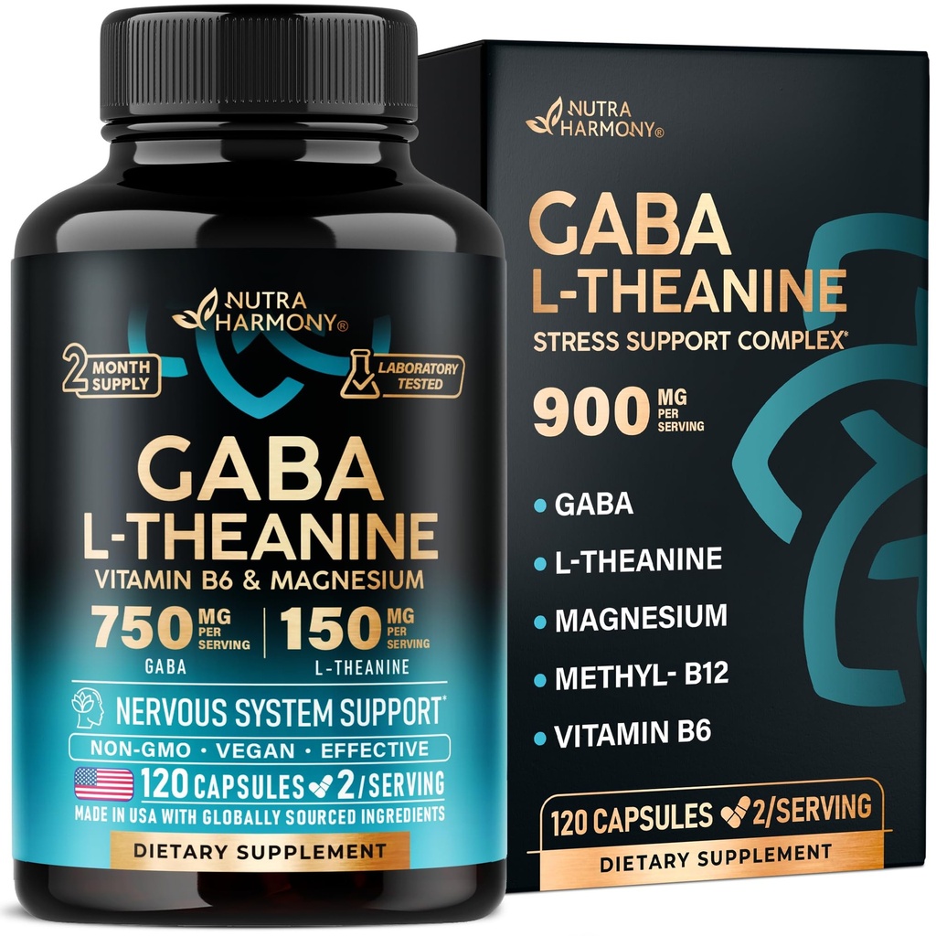 GABA L-Theanine 900 mg - ABD'de Yapılan - Magnezyum | Vitamin B6 - Calm, Sleep, Relaxation & Mood Support - 750 mg GammaButyric Acid, 150 L-Theanine - Non-Habit Form, Vegan - 120 Capsules