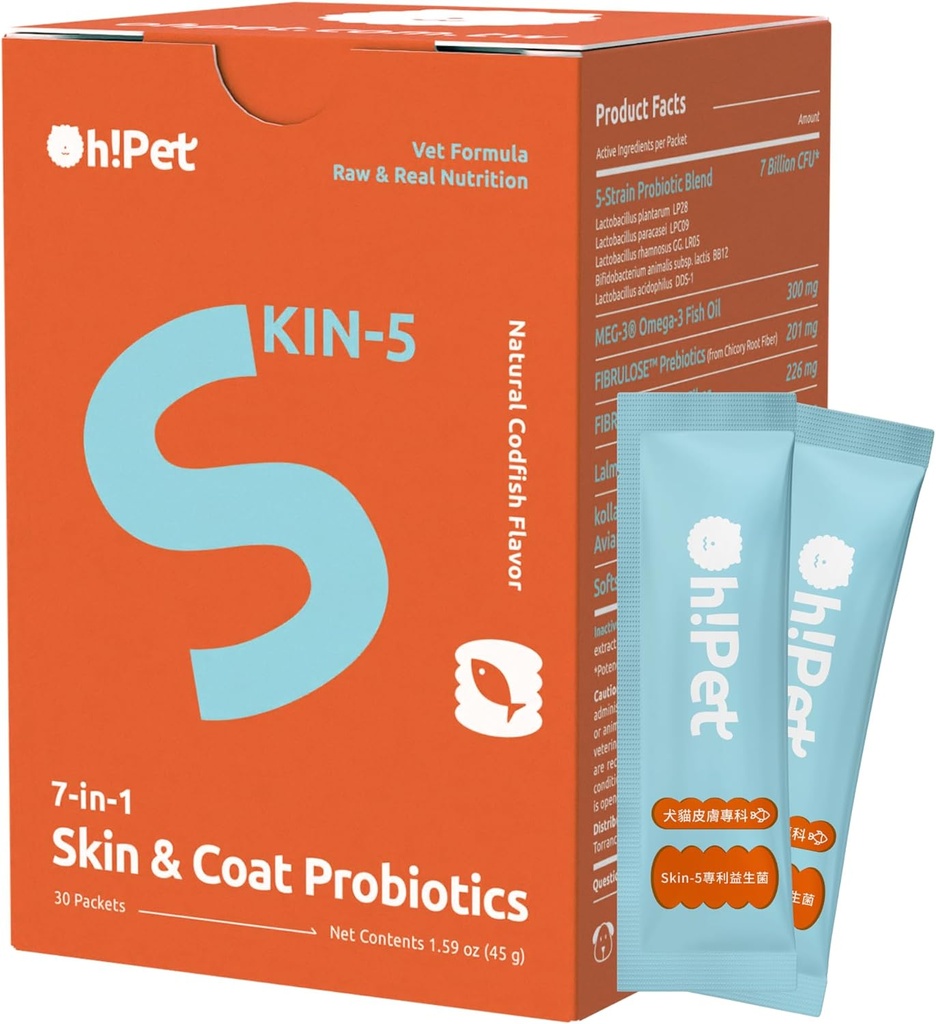 Oh!Pet® Skin & Coat Probiotics – 7B CFU Powder for Dogs & Cats with Omega-3 & Eggshell Membrane (30 Packets)