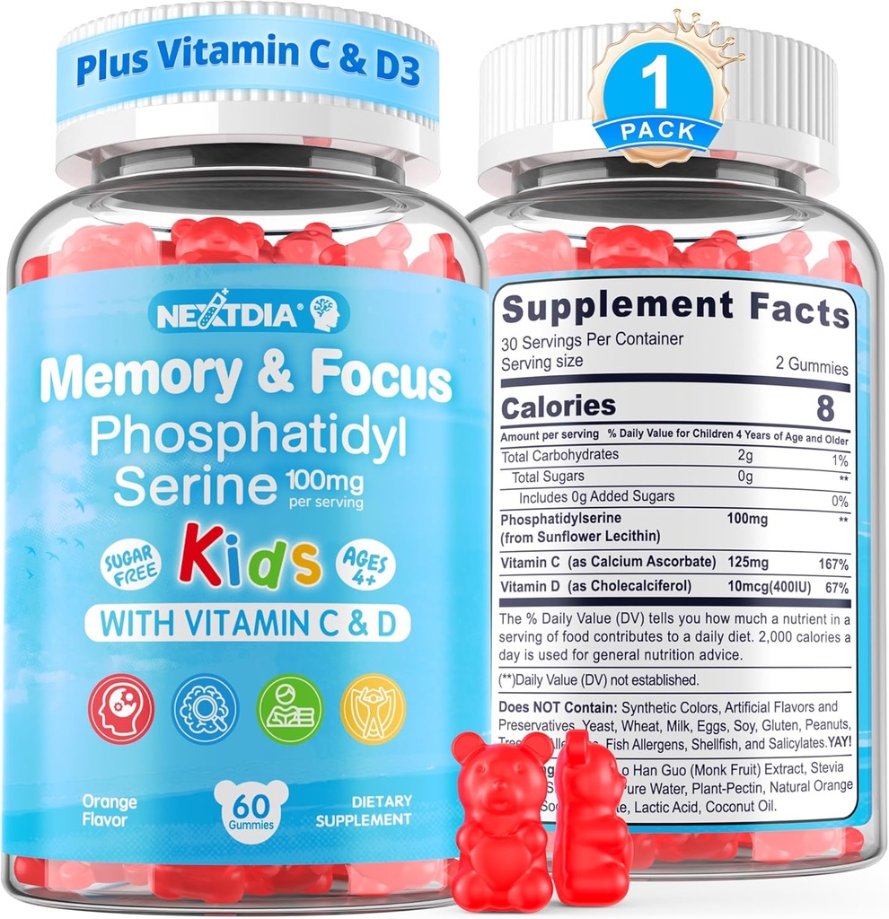 Phosphatidylserine Supplement 100 mg, Çocuklar için Oda Gummies + Vitamin C & D3 400IU, Sugar Free Kids Brain Gummies Dikkat & Concentration, Chewable, Vegan, Gluten Free, Non-GMO 60Cts