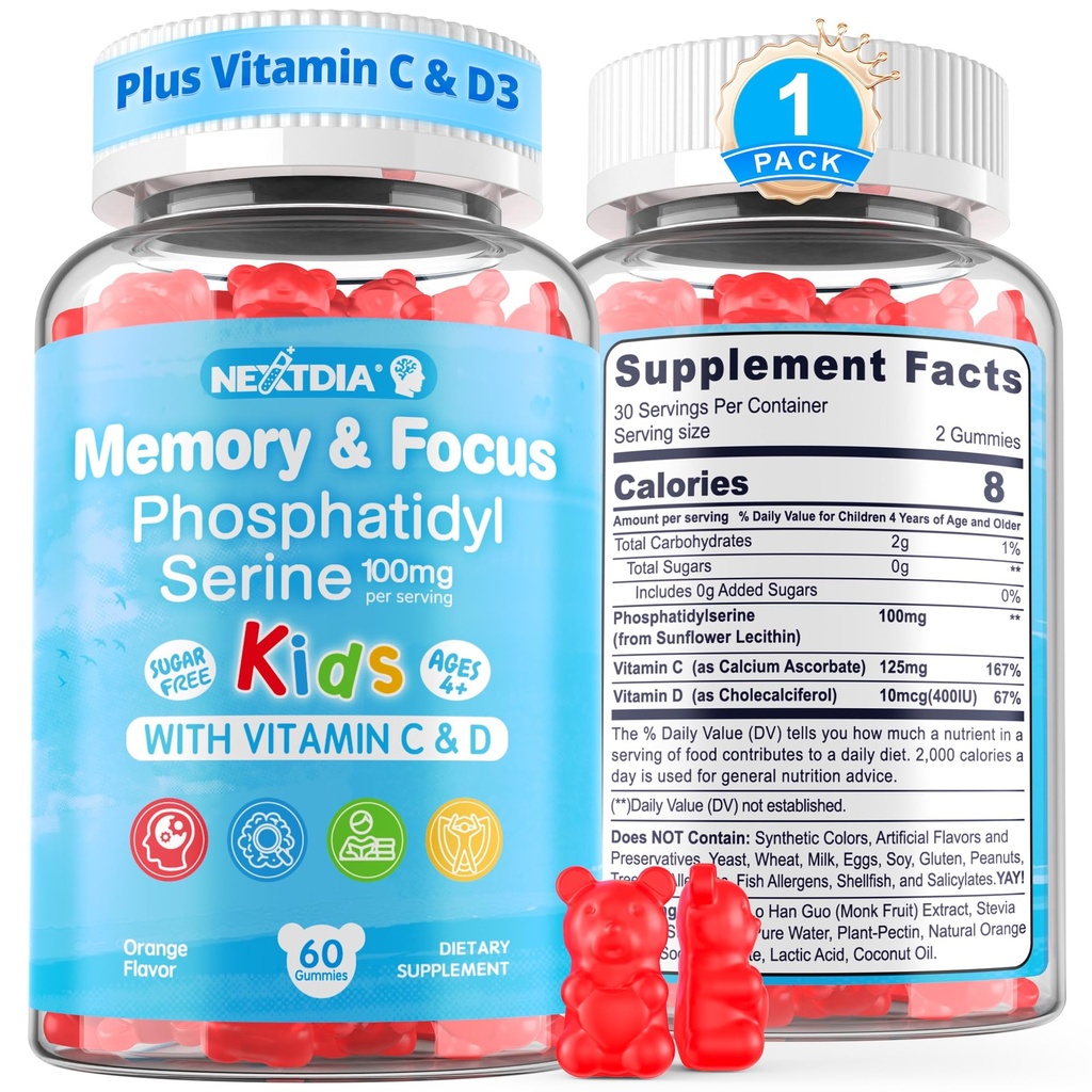 Phosphatidylserine Supplement 100 mg, Çocuklar için Oda Gummies + Vitamin C & D3 400IU, Sugar Free Kids Brain Gummies Dikkat & Concentration, Chewable, Vegan, Gluten Free, Non-GMO 60Cts