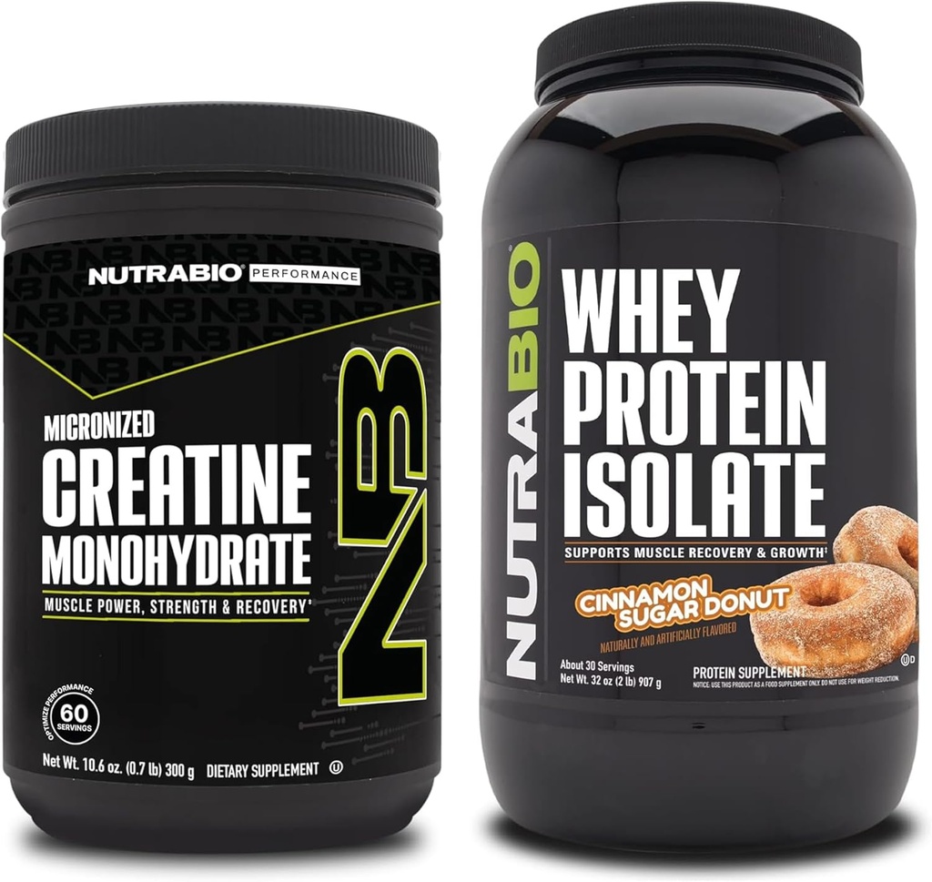NutraBio Kretine Monohidrat, Unflavored, 300g ve Whey Protein Isolate, Cinnamon Sugar Donut, Supplement Sche - Muscle Energy, Lean Muscle growth, Recovery, and Strength
