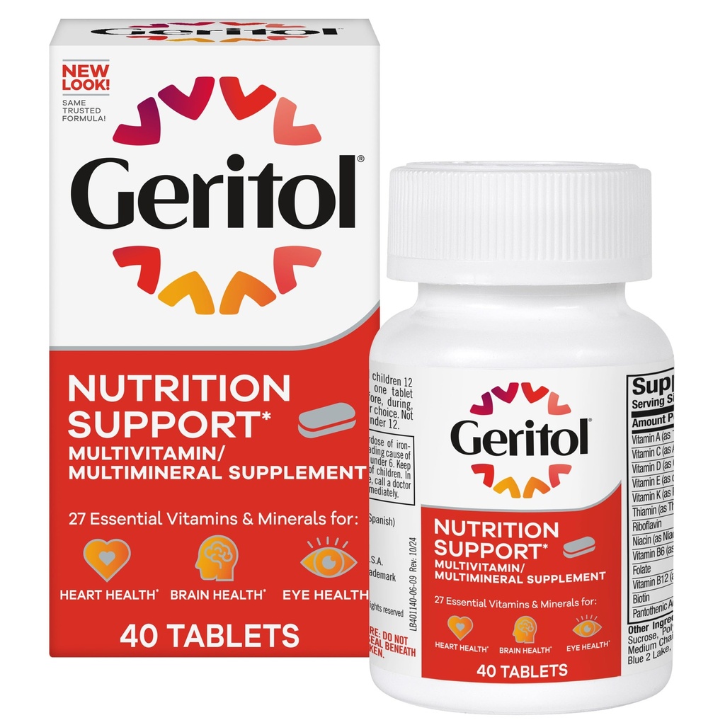 Geritol, Multivitamin Supplement, Περιέχει B- Βιταμίνες, Αντιοξειδωτικά, Βιταμίνες C, E & D και σίδηρο, 26 Ουσιώδεις Βιταμίνες και Ορυκτά, Χωρίς Γλουτένη, Μη ΓΤΟ, Χωρίς Τεχνητά γλυκαντικά, 40 δισκία