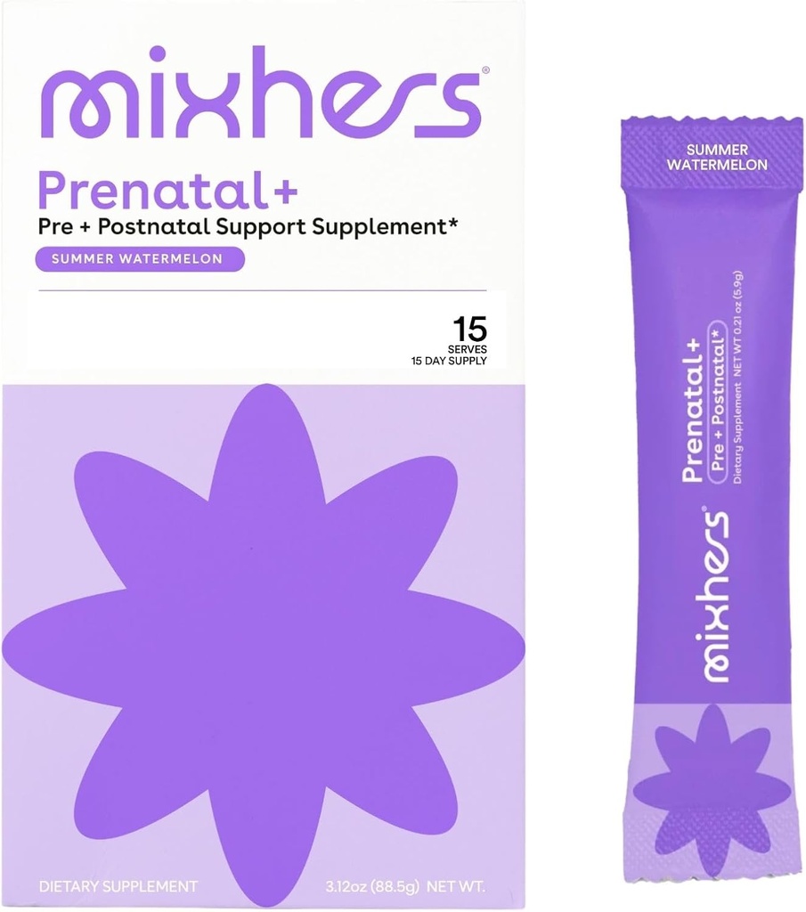 MIXHERS Prenatal + Pre + Postnatal Support Supplement | Pregnancy Vitamins Drink Mix | Formulated with Vitamin A, C, D, E, & K | Summer Watermelon Flavor | 15 Stick Packets