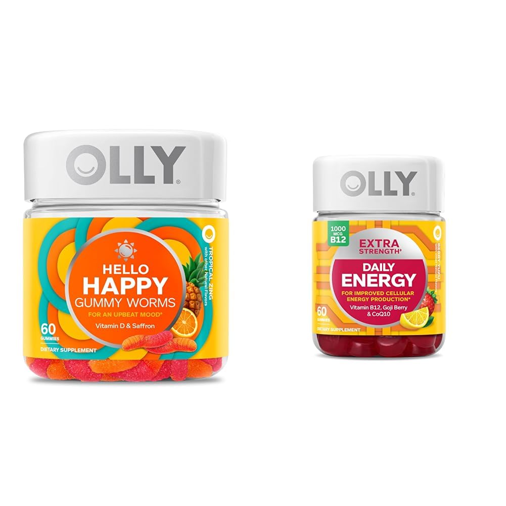 OLLY Hello Happy Gummy Worms, Mood Balance Support, Vitamin D, Saffron, Yetişkin Chewable Supplement & Ekstra Güçlü Günlük Enerji Gummy, Caffeine Free, 1000 Find Berry Vitamin B12, CoQ10, Goji Berry