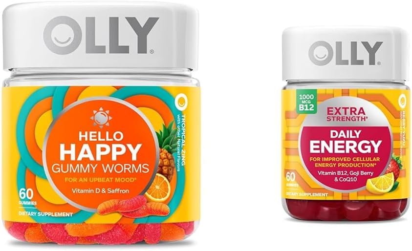 OLLY Hello Happy Gummy Worms, Mood Balance Support, Vitamin D, Saffron, Yetişkin Chewable Supplement & Ekstra Güçlü Günlük Enerji Gummy, Caffeine Free, 1000 Find Berry Vitamin B12, CoQ10, Goji Berry