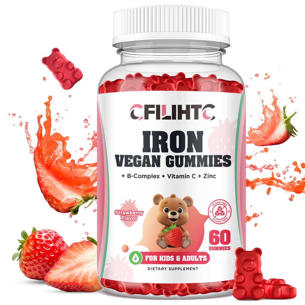 Çocuklar için Demir Gummies, Kadınlar ve Erkekler, Multivitamin ile Demir Supplement - B Complex, C, B6, B12, Folate, anemia, Iron Deficiency, Blood Builder, Enerji - Strawberry Flavor, Vegan 60ct