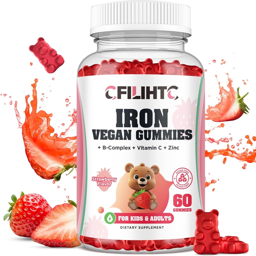 Çocuklar için Demir Gummies, Kadınlar ve Erkekler, Multivitamin ile Demir Supplement - B Complex, C, B6, B12, Folate, anemia, Iron Deficiency, Blood Builder, Enerji - Strawberry Flavor, Vegan 60ct