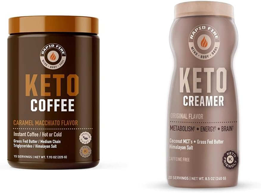 Ταχεία φωτιά Κετογόνο καφέ μείγμα Caramel Macchiato με MCT Creamer, υποστηρίζει μεταβολισμό, απώλεια βάρους, Keto Diet, 7.93 και 8.5 Ουγγιά
