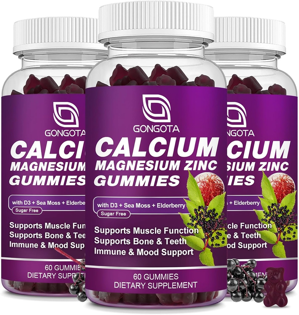 GONGOTAdis Magnezyum Çinko D3 Supplement ile, Yüksek derecede Absorbentuba Gummies 300 mg Magnezyum glycinate Support Bone & Teeth, Muscle for Yetişkinler ve,Sugar Free, (3 Vegan Pack)