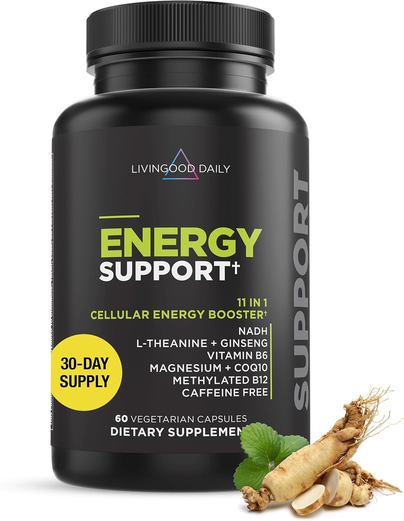 Livingood Daily Energy Support, 11-in-1 Supplement with Magnezyum, Vitamin B6, B12, Amino Asits, L Carnitine, CoQ10, BTC & L Theanine, Supports Natural Energy for Men & Women, Vegan, 60 Capsules