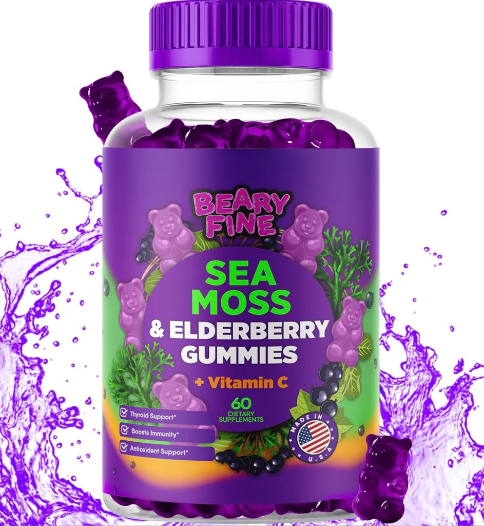 Sea Moss Gummies & Elderberry - C + çinko - Ekstra Kuvvet Immune & Thyroid Support ATM Gummy Bears for Kids & Yetişkinler - 60 Seamoss Gummies - ABD'de Made in the USA