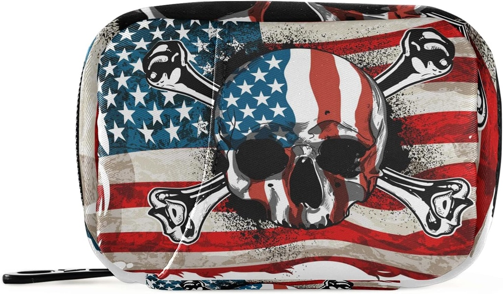 American Flag Skull Pill Box 7 Day Pill Case Travel Pill Organizer Bag with Rolls Portable Weekly Case Compact Boyut for Vitamin Supplement Sahibi