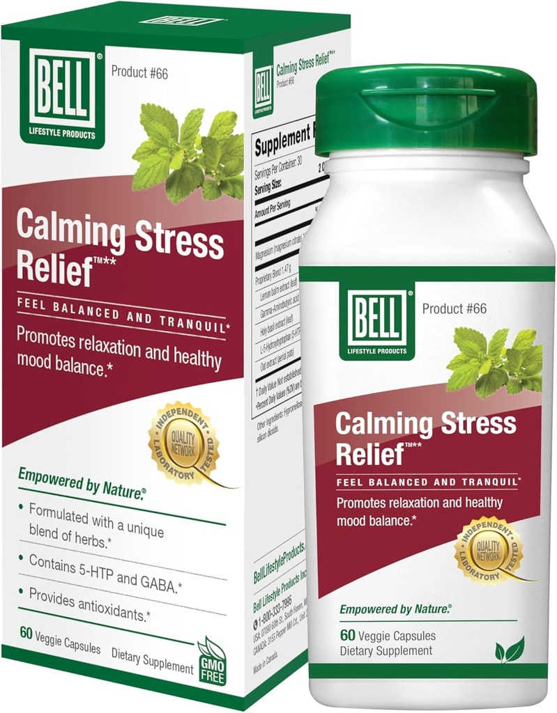 Bell Lifestyle Calming Stress Relief Herbal Mix with 5-HTP & GABA for Stress Support and Relaxation, 60 Veggie Capsules