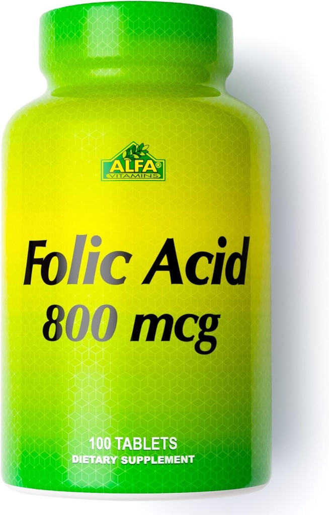 ALFA VITAMINS Folic Acid 800 mcg Prenatal Supplement, Supports Cardiovascular Health, Body & Brain Functions, Red Blood Hücre Formasyon & Sağlıklı Fetal Development, Diyet Tamam, 100 Tablet