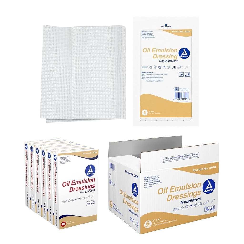 Dynarex Oil Emulsion Dressings, Yara Bakımı, Absorbent, 5" x 9" Sterile Maned Gauze, Petrol ve Sunflower Oil 6 Kutu, 12 Petrol Emülsion Elbiseleri