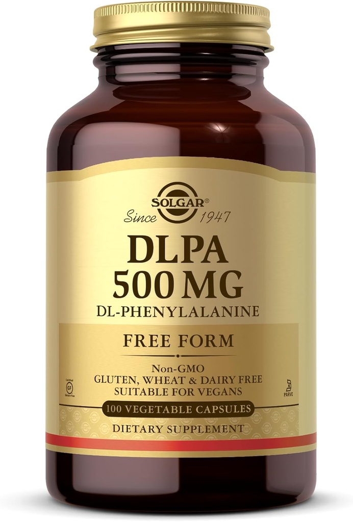 Solgar DLPA 500 mg - 100 Sebze Kapsülleri - Ücretsiz Form DL-Phenylalanine - Non-GMO, Vegan, Gluten Free, Süt Free, Kosher - 100 Hizmet