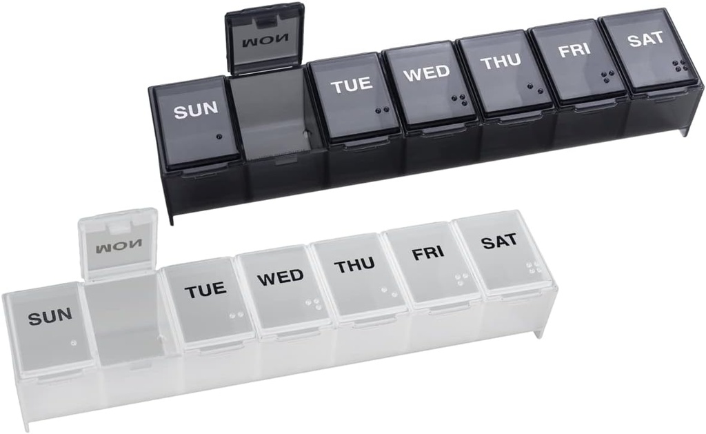 EZY DOSE Weekly (7-Day) Daily Pill Organizer, Vitamin Planlayıcı ve Tıp Konteyneri, Büyük Karşılaştırmalar, Açık, Seyahat Dostu, One Black ve One White (2 Pack), Made in the USA
