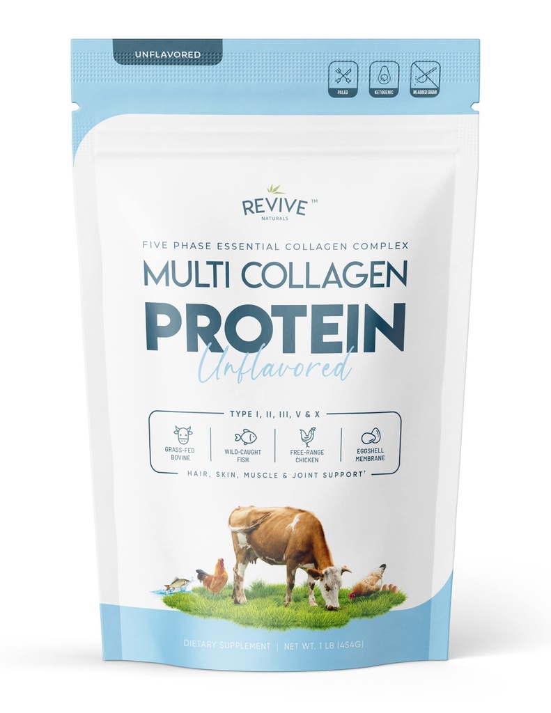 Multi Collagen Hydrolyzed Protein Toz (16oz) - Tipler I, II, III, V & X - Grass Fed Bovine (Peptan®), Wild Caught Marine, Free Roaming Chicken & Eggshell Collagen., Non-GMO, GF.