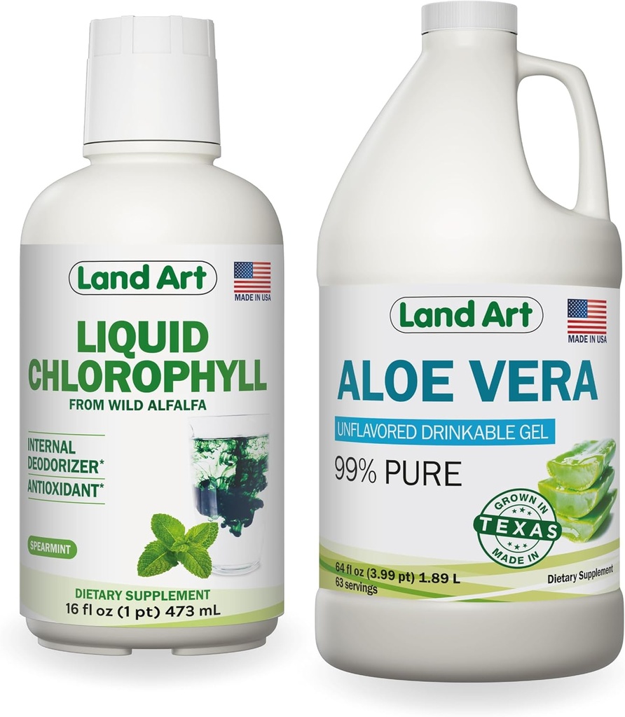 Land Art Pure Aloe Vera Drinkable Gel Unflavored 64 fl oz + Sıvı Klorophyll Mint Flavored 16 fl oz