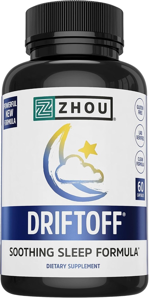 Zhou Driftoff - Doğa Inspired Sleep Aid, Valerian Root & Melatonin for Sleep for Men & Women, Calm Sleep Supplement for Yetişkinler with Gaba & Chamomile to Relax - 60 Veggie Capsules