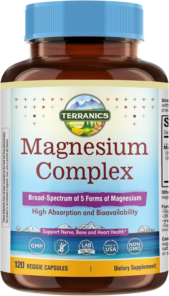 Terranics 5-in-1 Magnesium Complex Supplement 500mg - 5 Forms Υψηλή Απορρόφηση Μαγνήσιο Γλυκινικό Κιτρικό Μηλεϊνικό Ασπαρτικό Γλυκονικό για την Υγεία της Καρδιάς Ύπνου - Μη ΓΤΟ 120 Vegan Κάψουλες