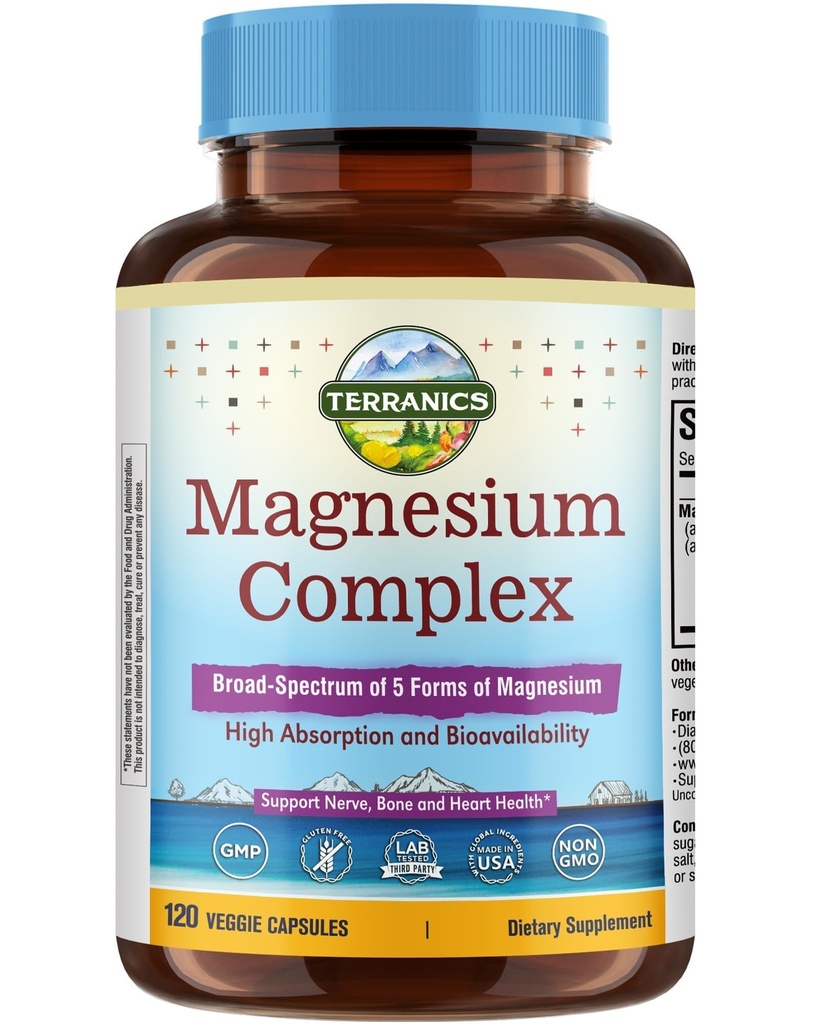 Terranics 5-in-1 Magnesium Complex Supplement 500mg - 5 Forms Υψηλή Απορρόφηση Μαγνήσιο Γλυκινικό Κιτρικό Μηλεϊνικό Ασπαρτικό Γλυκονικό για την Υγεία της Καρδιάς Ύπνου - Μη ΓΤΟ 120 Vegan Κάψουλες