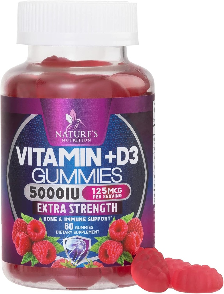 Συμπλήρωμα βιταμίνης D3 Gummy 5000 IU (125 mcg) Διαιτητικές Βιταμίνες D για άνδρες και γυναίκες - Οστέινα, δόντια, μύες και ανοσοποιητική υποστήριξη υγείας, υψηλής ισχύος VIT D3 Nature's Non-GMO & Gluten Free - 60 Gummies