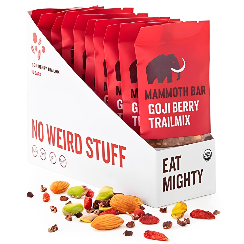 Mammoth Bar Goji Berry Trail Mix - 10 Organik Protein Barlar - Prebiyotik • Paleo • Gluten Ücretsiz • Yumurta Protein • GMO Free • Raw • Premium Nuts