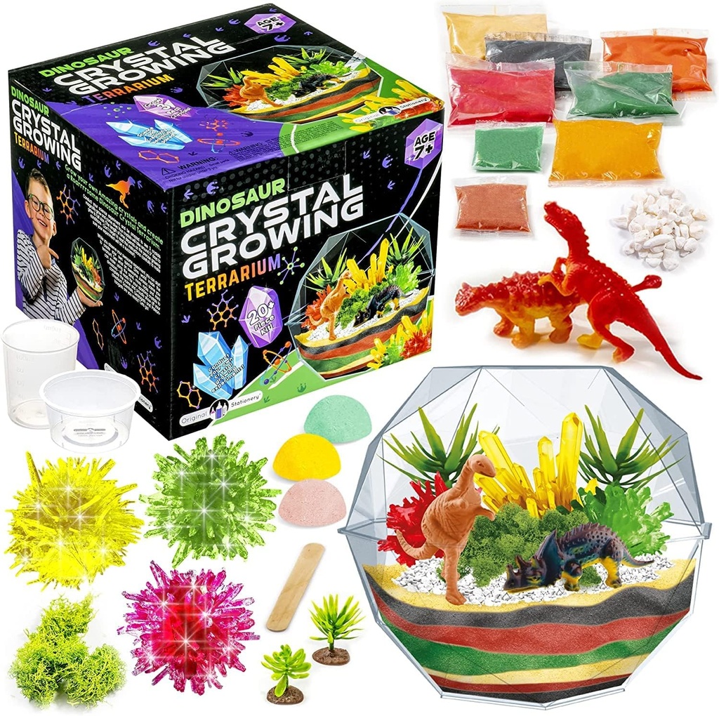 Original Stationery Dinosaur Crystal Growing Kit - Multicolor, 17-Piece, Ηλικίες 7 & Up - DIY Science Terrarium Kit with Moss & Dino Figures - Grow Your Own Crystals - Αγόρια γενέθλια δώρα